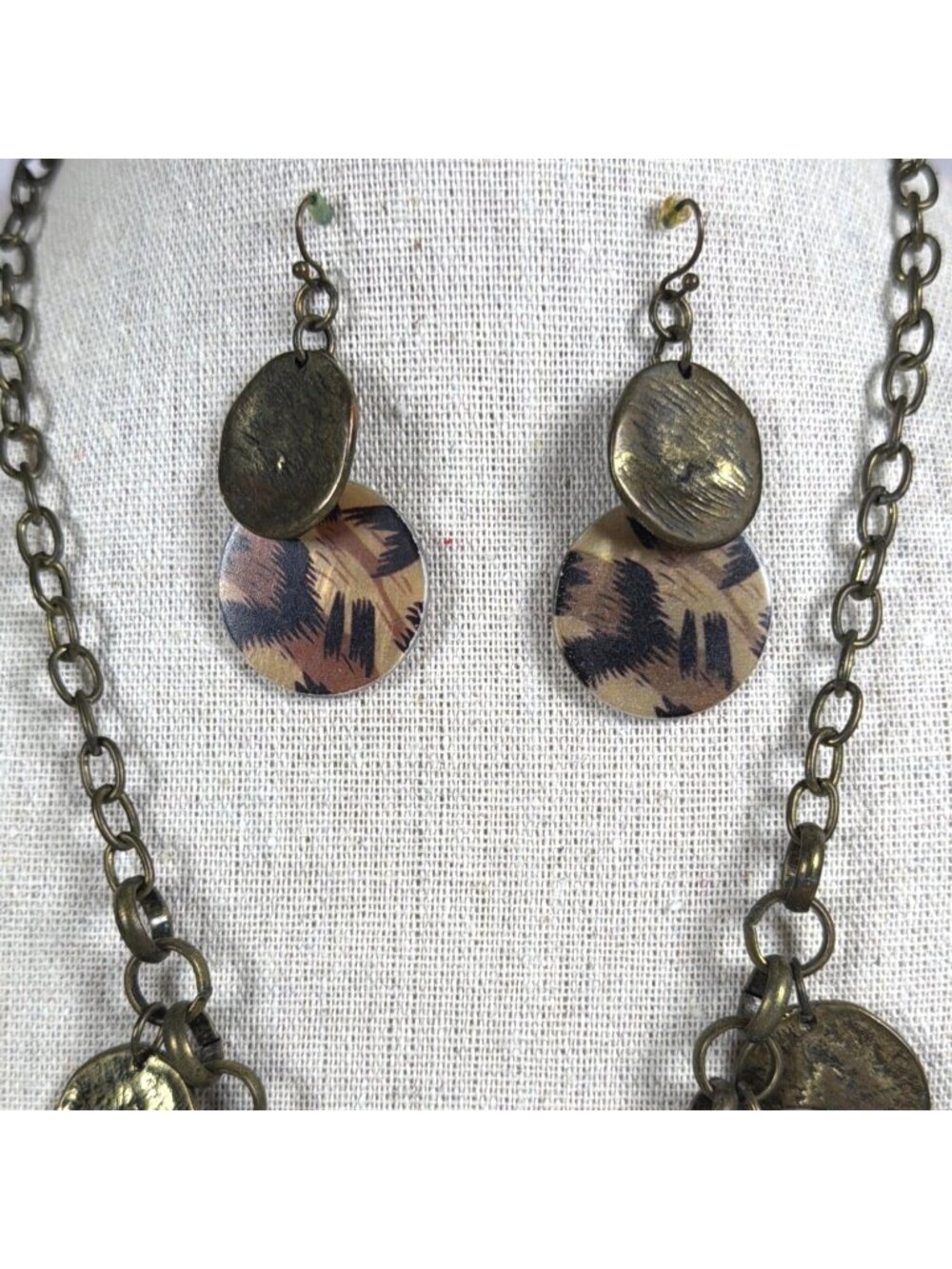 VTG Artisan Safari Leopard Print Statement Bib Necklace Earring Set Boho Chic - Picture 3 of 11